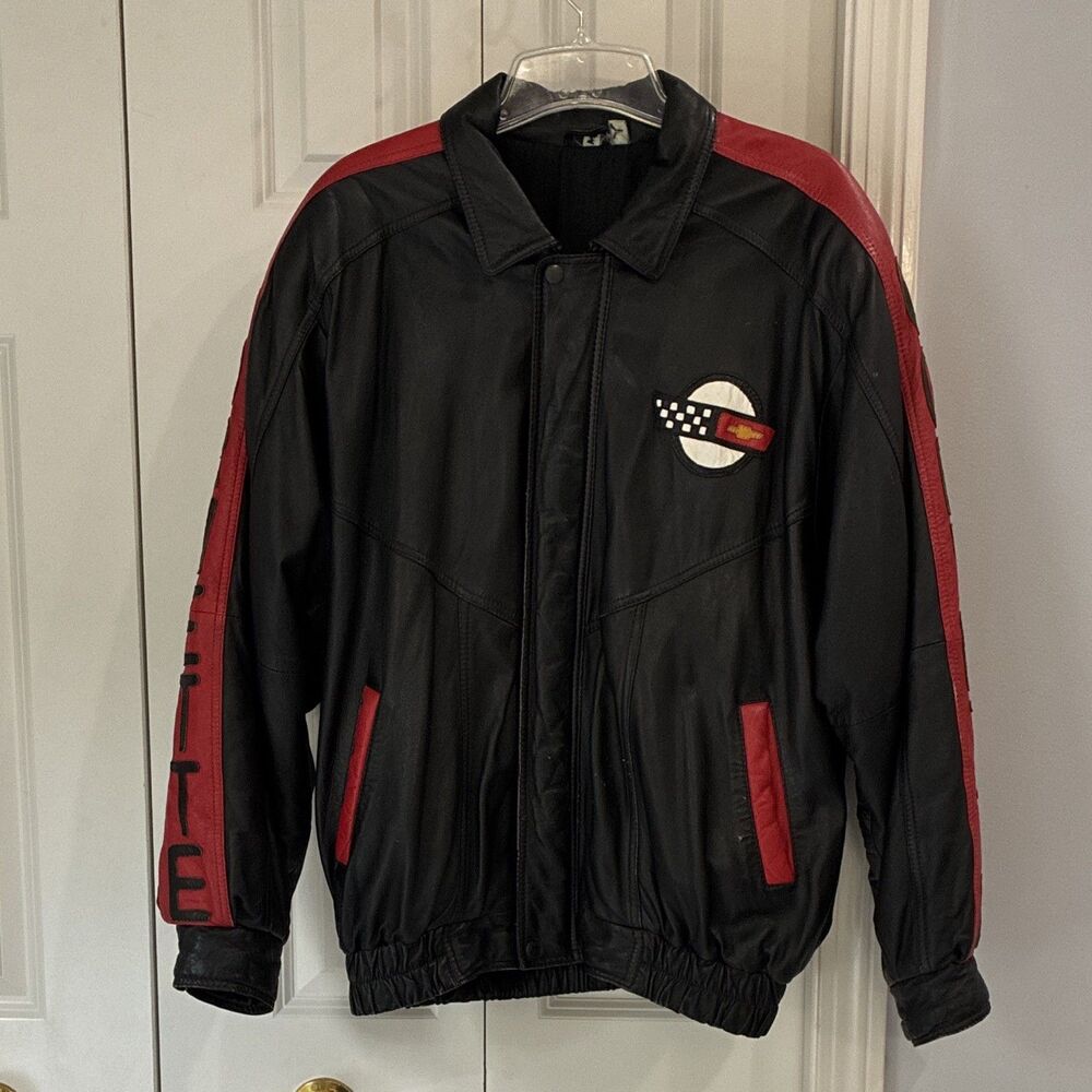 Corvette Men's Black/Red Leather Racing Jacket Full Zip Logo Embroidery XL